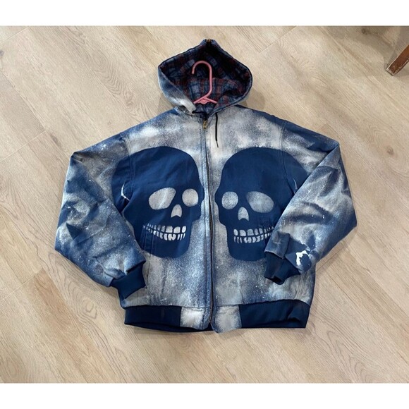 Bercowear Made In USA Zip Up Hoodie Jacket Men's Large Custom Bleack Skull - Picture 1 of 8